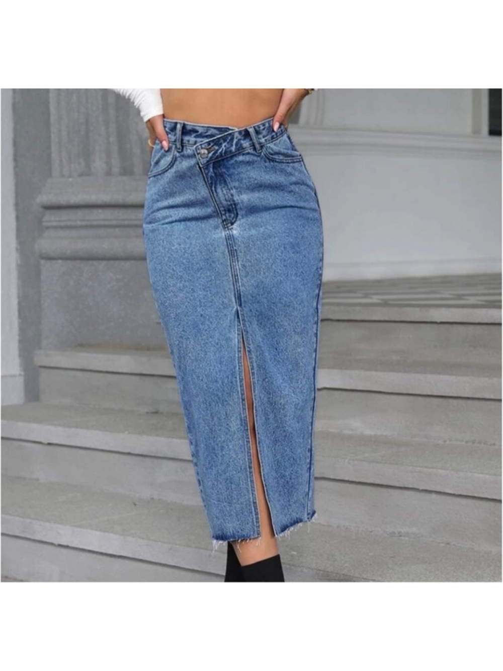 Women’s Medium High Waist Denim Midi Skirt Blue Asymmetrical Waist Front Slit - Picture 3 of 3